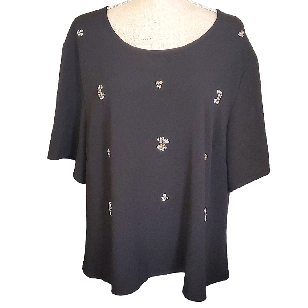 Women's black rhinestone embellished front short-sleeve top.